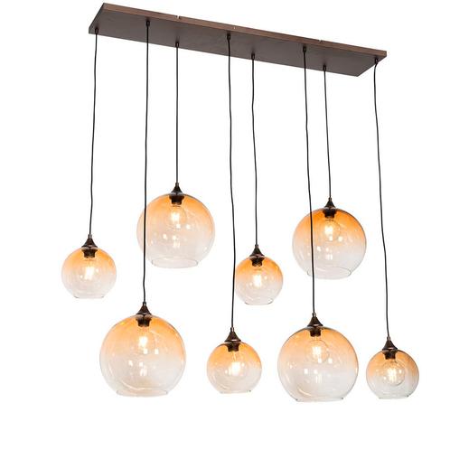 Art Deco hanglamp donkerbrons met amber glas 8-lichts -, Huis en Inrichting, Lampen | Hanglampen, Nieuw, Glas, 75 cm of meer