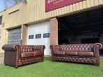 Bankstel CHESTERFIELD BRAND 3+2 zit banken bordo/bruin leerr, Design, Zo goed als nieuw, Rechte bank, Leer