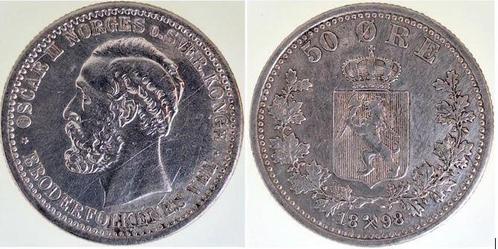 50 Öre Norwegen 1898 ss/vz leicht berieben Oscar Ii zilver, Postzegels en Munten, Munten | Europa | Niet-Euromunten, Verzenden