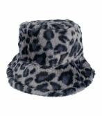 Bucket Hat Fluffy Imitatie Bont Panter Print Grijs, Verzenden, Nieuw