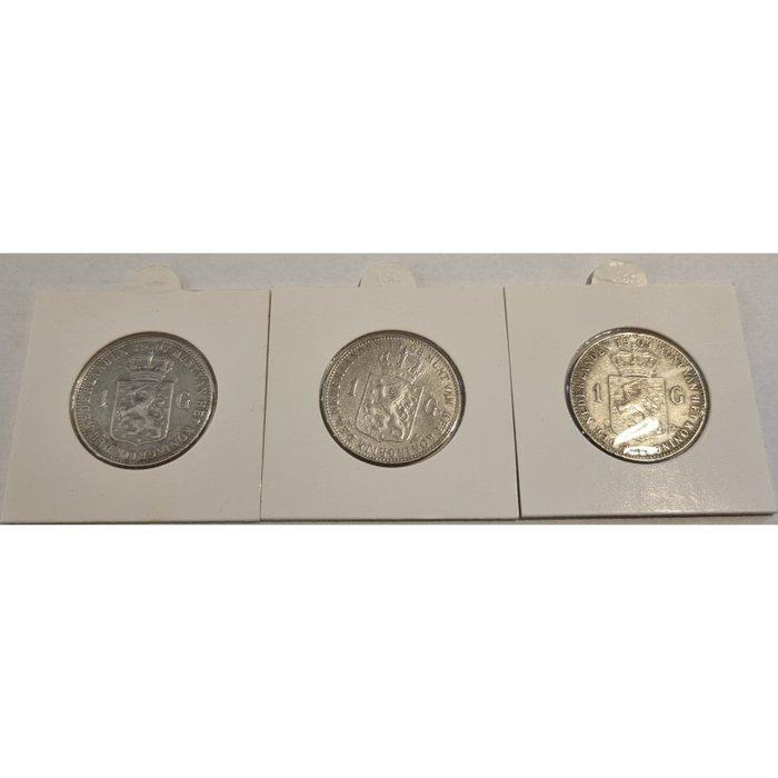 Nederland. Wilhelmina. 1 Gulden 1907, 1908, 1909, 3 stuks, Postzegels en Munten, Munten | Nederland