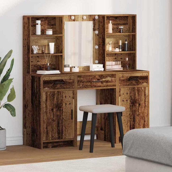 vidaXL Toilettafel Set met lade met plank 3 pcs Oud hout, Huis en Inrichting, Tafels | Kaptafels, Nieuw, Verzenden