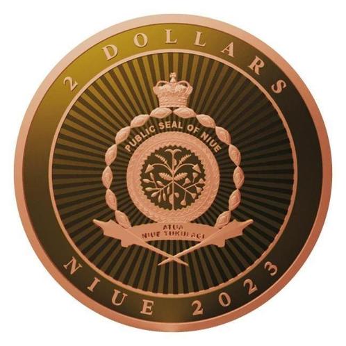 Niue. 2 Dollars 2023 1oz Niue Hibernia Rose Gold & 24k Gold, Postzegels en Munten, Munten | Europa | Niet-Euromunten