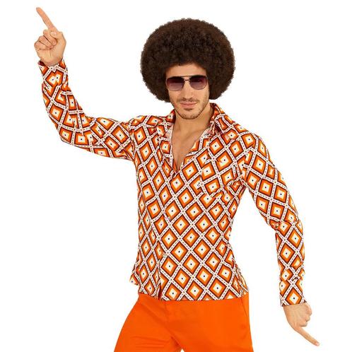 Disco 70S Blouse Oranje Heren Ruit, Kleding | Heren, Carnavalskleding en Feestkleding, Nieuw, Verzenden