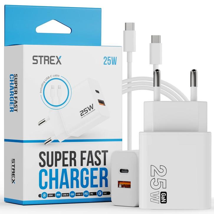 Strex USB Oplader 25W - Snellader met USB-A & USB-C - GaN -, Telecommunicatie, Mobiele telefoons | Telefoon-opladers, Nieuw, Verzenden
