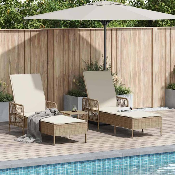 vidaXL Ligstoel met kussen 3 pcs Beige en Crème Wit poly, Tuin en Terras, Ligbedden, Nieuw, Verzenden