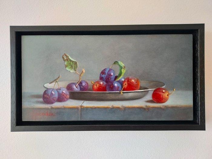 Hans Habraken (1946) - Bord met pruimen, Antiek en Kunst, Kunst | Schilderijen | Klassiek
