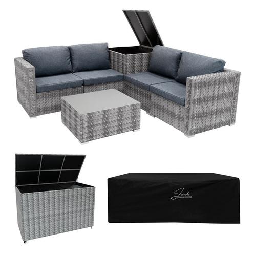 Rotan Modulaire 6-Delige Meubelset & 700L Kussenbox - Grijs, Tuin en Terras, Tuinsets en Loungesets, Verzenden