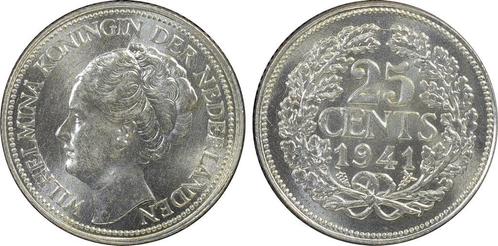 Koningin Wilhelmina 25 cent 1941 MS64 PCGS NM Collectie, Postzegels en Munten, Munten | Nederland, Losse munt, 25 cent, Koningin Wilhelmina