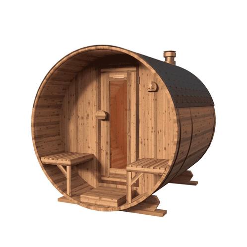 Red Knotty Cedar barrelsauna 265 cm | 10% KORTING, Sport en Fitness, Sauna, Fins of Traditioneel, Complete sauna, Nieuw, Ophalen of Verzenden