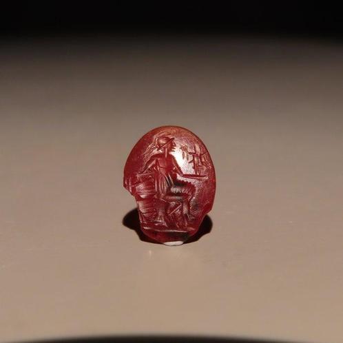 Oud-Romeins Kornalijn Intaglio met Minerva zittend. 1e-3e, Sieraden, Tassen en Uiterlijk, Antieke sieraden