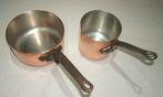 Een degelijke koperen Franse steelpan en een sauspan met