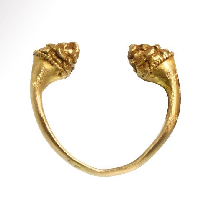 Oud-Grieks Goud Ring met leeuwenkoppen, Antiek en Kunst, Antiek | Overige Antiek