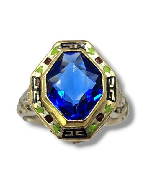 Ring - 14 karaat Geel goud, Antieke Art Deco 14K gouden en, Sieraden, Tassen en Uiterlijk, Ringen
