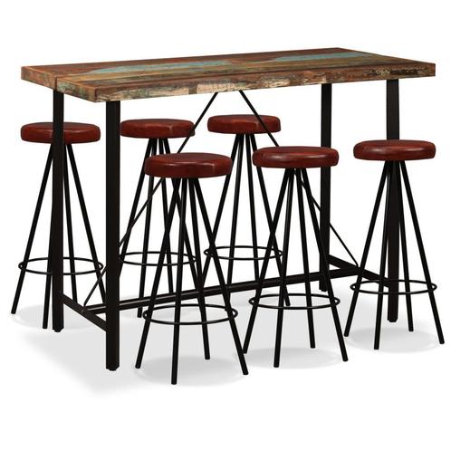 vidaXL Barset massief gerecycled hout en echt leer 7-delig, Huis en Inrichting, Complete eetkamers, Nieuw, Verzenden