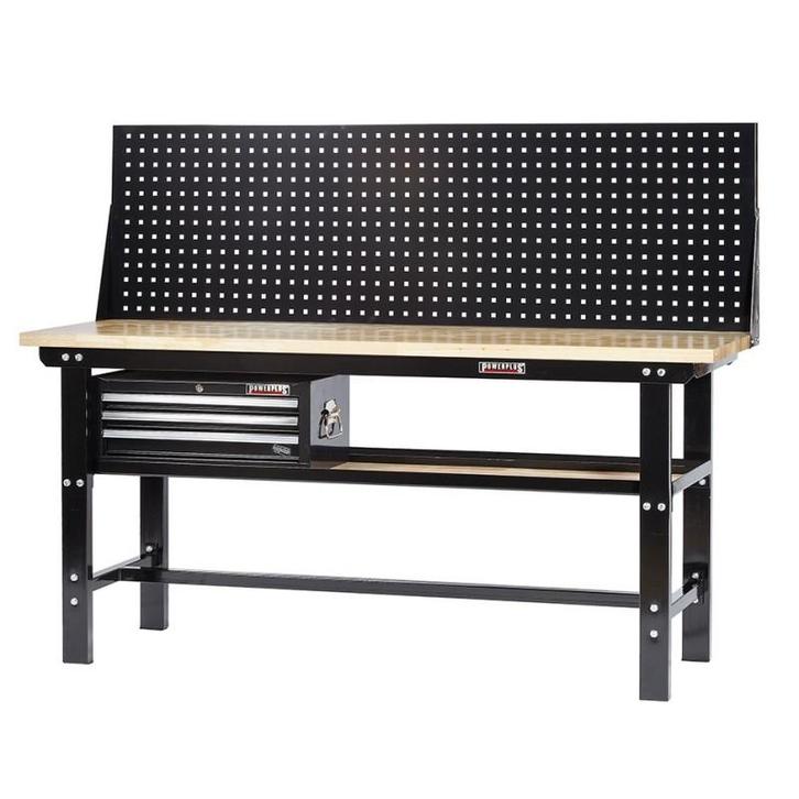 Werkbank zwart 200 cm met hardhouten blad + gereedschapskist, Doe-het-zelf en Verbouw, Werkbanken, Ophalen of Verzenden