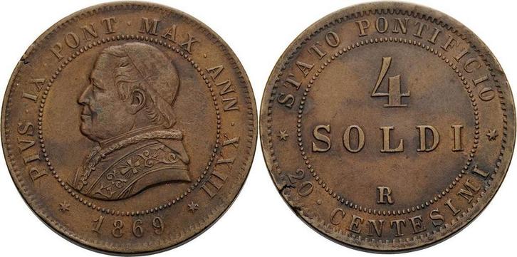 4 Soldi 1869, Italien-kirchenstaat/vatikanstadt Pius Ix 1..., Postzegels en Munten, Munten | Europa | Niet-Euromunten, Verzenden