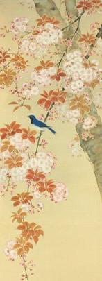 Cherry Blossom and Little Blue Bird - with signature Ei, Antiek en Kunst