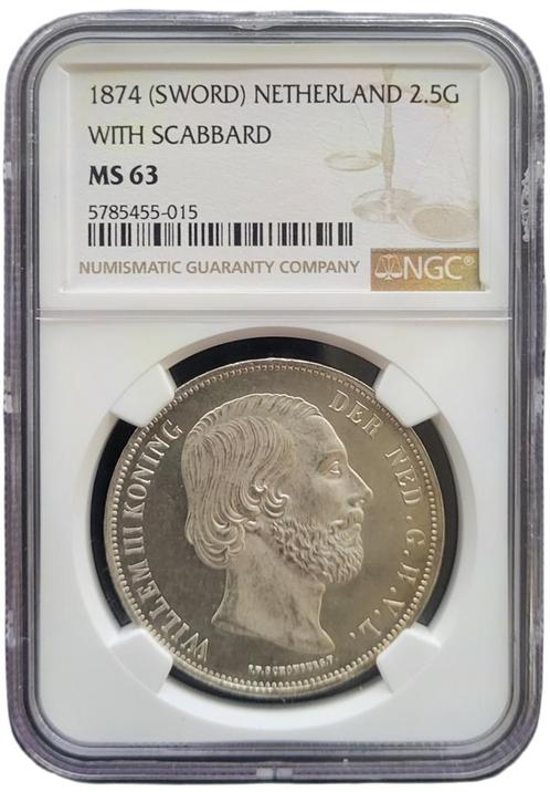 Koning Willem III 2 1/2 Gulden 1874 Scabbard MS63 NGC, Postzegels en Munten, Munten | Nederland, Losse munt, Zilver, Verzenden