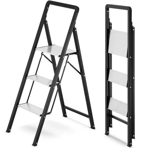 Huishoudtrap 3 treden - opvouwbare trapladder - zwart zilver, Doe-het-zelf en Verbouw, Ladders en Trappen, Nieuw, Ophalen of Verzenden