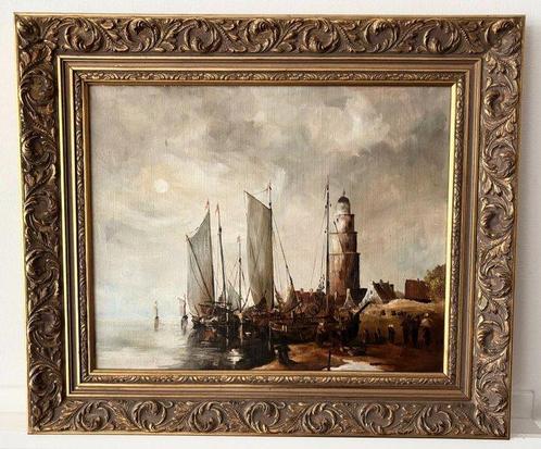 Europese school (XX) - Havengezicht met zeilschepen en, Antiek en Kunst, Kunst | Schilderijen | Klassiek