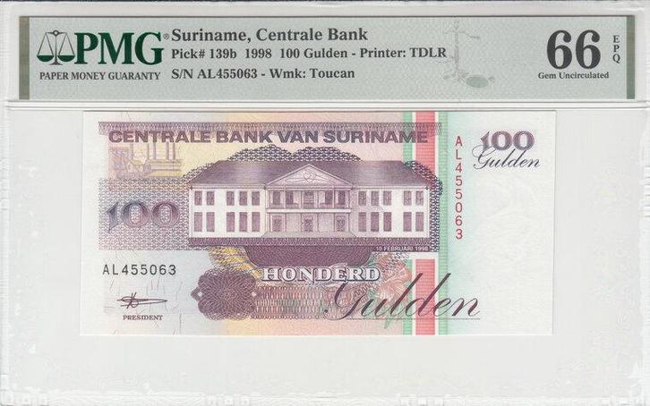 1998 Suriname P 139b 100 Gulden Pmg 66 Epq, Postzegels en Munten, Bankbiljetten | Europa | Niet-Eurobiljetten, Verzenden