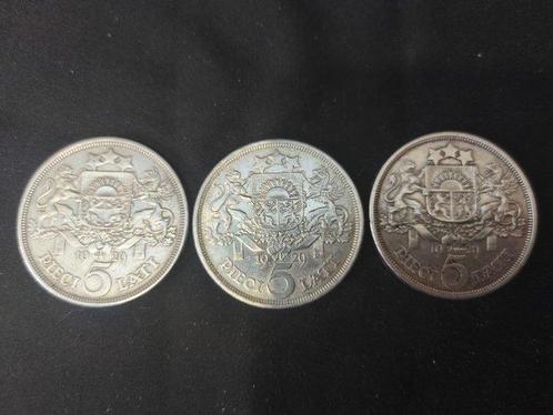 Letland. Lot of 3 silver coins: 5 Lati 1929 (Zonder, Postzegels en Munten, Munten | Europa | Niet-Euromunten