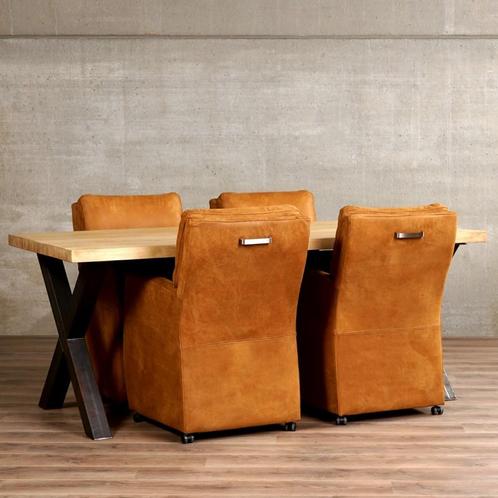 Set van 4 leren eetkamerfauteuils - met armleuning en wieltj, Huis en Inrichting, Stoelen, Overige kleuren, Nieuw, Leer, Ophalen of Verzenden