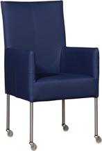 Blauwe leren moderne eetkamerstoel - poot rond rvs met wiel, Overige kleuren, Nieuw, Leer, Ophalen of Verzenden
