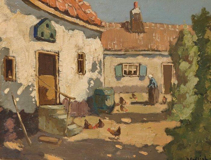 H. Endlich (XX) - Boerderij met boerin en kippen, Antiek en Kunst, Kunst | Schilderijen | Klassiek