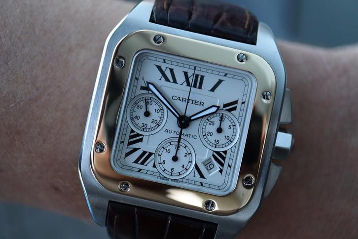 Horloge Cartier Santos 100 XL Chronograph ref. 2740, Sieraden, Tassen en Uiterlijk, Horloges | Heren, Leer, Zo goed als nieuw