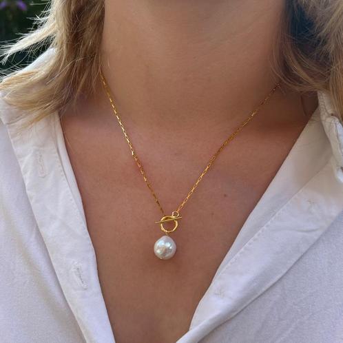 Zilveren toggle parel ketting gold plated, Sieraden, Tassen en Uiterlijk, Kettingen, Nieuw, Verzenden