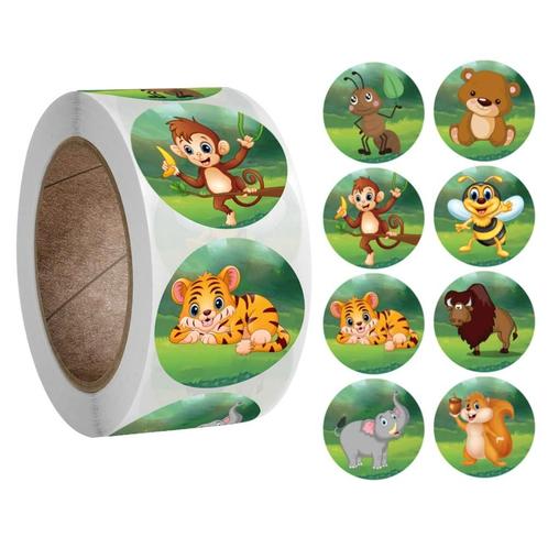 500 Stickers Op Rol - 2.5cm - Dierentuin Dieren Groen -, Diversen, Cadeauverpakkingen, Verzenden