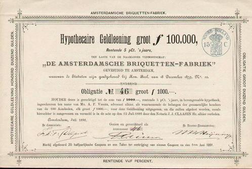 Amsterdamsche Briquettenfabriek, aandelen uit 1881, Postzegels en Munten, Aandelen en Waardepapieren, Aandeel, Voor 1920, Ophalen of Verzenden