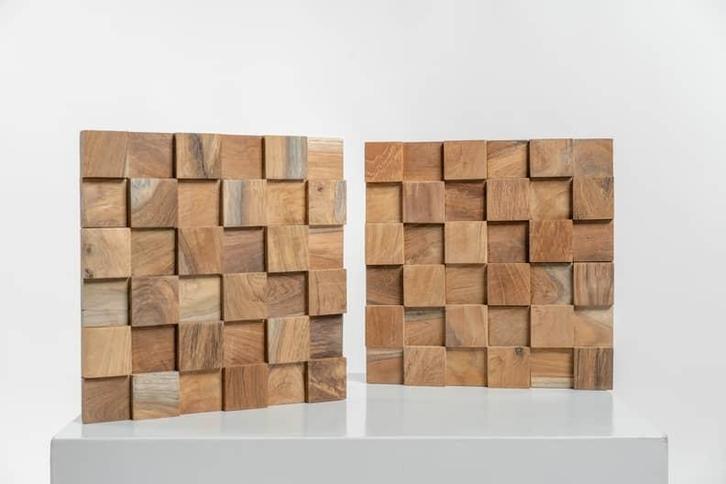 Teak plakhout | Blocks Naturel | 30x30x2, Huis en Inrichting, Woonaccessoires | Wanddecoraties, Nieuw, Verzenden