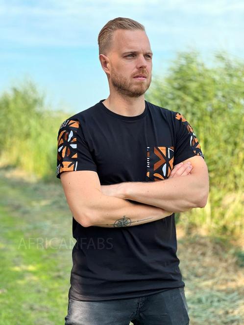 T-shirt met Afrikaanse print details - bruine bogolan mouwen, Kleding | Heren, T-shirts, Nieuw, Ophalen of Verzenden
