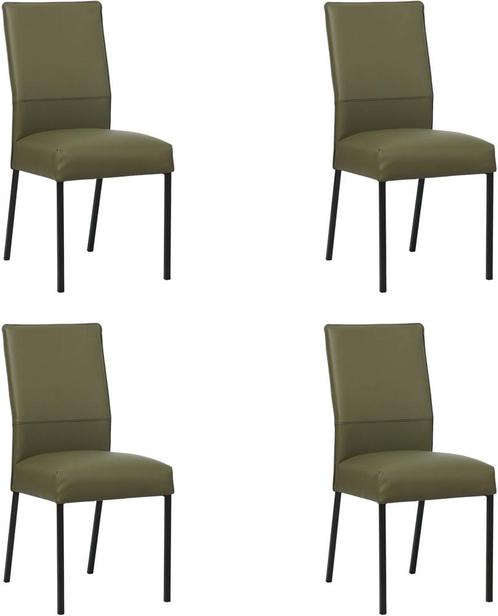Set van 4 Olijfgroene leren moderne eetkamerstoelen - poot v, Huis en Inrichting, Stoelen, Vier, Overige kleuren, Nieuw, Leer