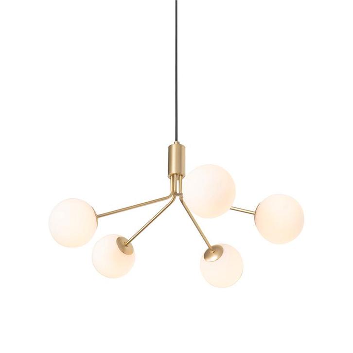 Art Deco hanglamp goud met opaal glas 5-lichts - Coby, Huis en Inrichting, Lampen | Hanglampen, Nieuw, Glas, 75 cm of meer