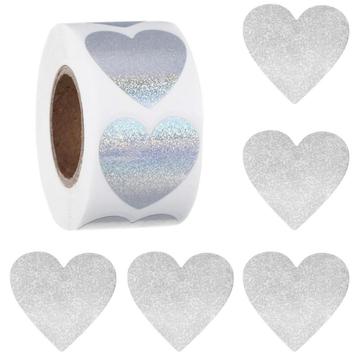 500 Stickers Op Rol - 2.5cm - Hart Glitter Zilver - beschikbaar voor biedingen