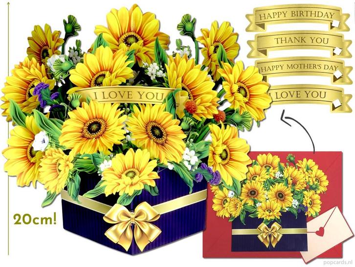 Groot Vrijstaand Boeket Schitterende Zonnebloemen pop-up..., Diversen, Wenskaarten, Verzenden