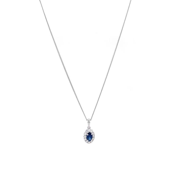 Witgouden entourage collier met saffier en diamant 14 krt, Sieraden, Tassen en Uiterlijk, Kettingen, Zo goed als nieuw, Met hanger