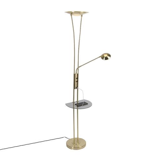 Vloerlamp goud met leesarm incl. LED en USB-poort - Sevilla, Huis en Inrichting, Lampen | Vloerlampen, Nieuw, Overige materialen