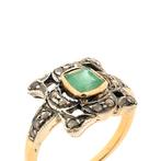 Gouden Art deco ring met smaragd en roos geslepen diamant..., Goud, Met edelsteen, Gebruikt, Ophalen of Verzenden