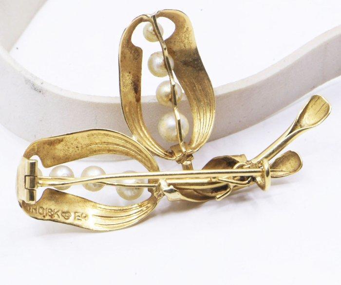 Broche - 18 karaat Geel goud Parel - Parelbladstrik, Sieraden, Tassen en Uiterlijk, Antieke sieraden