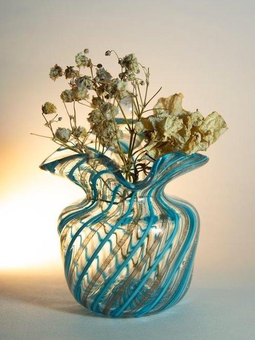 Murano - Vaas - Glas - Zanfirico blauwe aventurijn, Antiek en Kunst, Antiek | Glas en Kristal