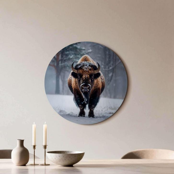 Bizon in de sneeuw - Muurcirkel - ø 60 cm +Ophangset, Huis en Inrichting, Woonaccessoires | Schilderijen, Tekeningen en Foto's