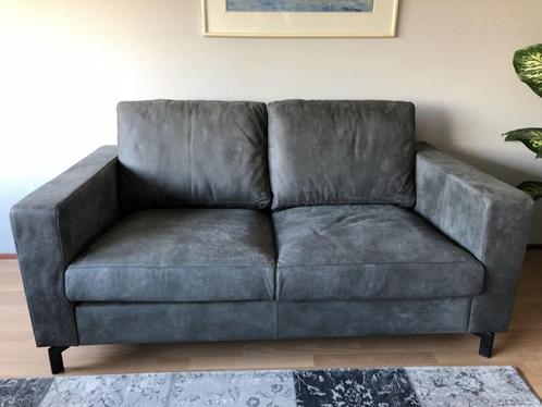 Leren 2-zits bank met stalen poten - blauw leer - Echt leer,, Huis en Inrichting, Banken | Bankstellen, 150 tot 200 cm, 75 tot 100 cm