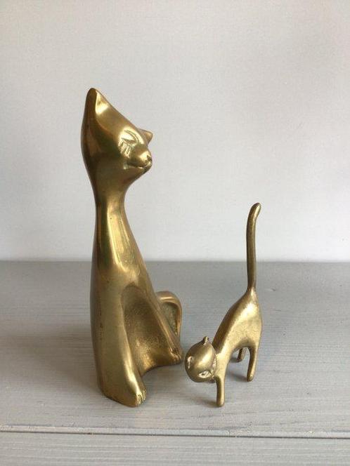 sculptuur, “ Moederpoes met kitten “ - 15 cm - brons verguld, Antiek en Kunst, Curiosa en Brocante