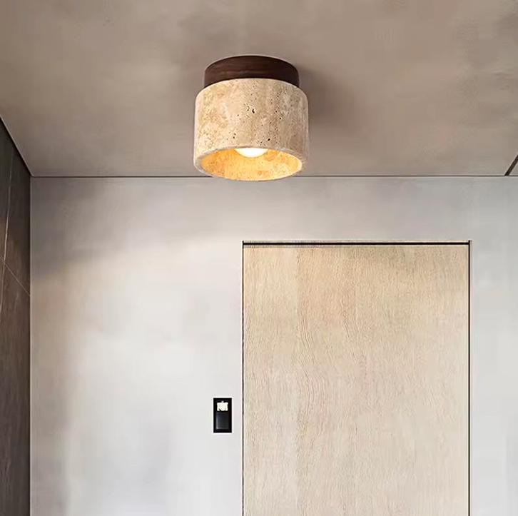 Wabi-Sabi Plafondlamp van Travertijn en Hout - 12x10cm Spot, Huis en Inrichting, Lampen | Plafondlampen, Nieuw, Hout, Verzenden