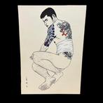 Liggende man met tatoeage - Houtsnede Mishima G gash